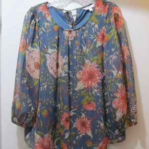 LC Lauren Conrad Blouse Top Lined ~ Blue w Coral Pink Floral